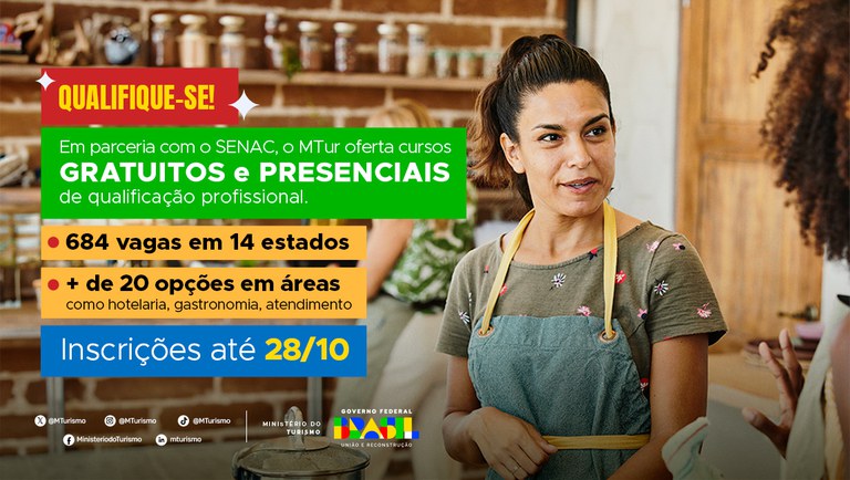 Mtur abre inscrições para cursos gratuitos de qualificação profissional em parceria com o Senac   